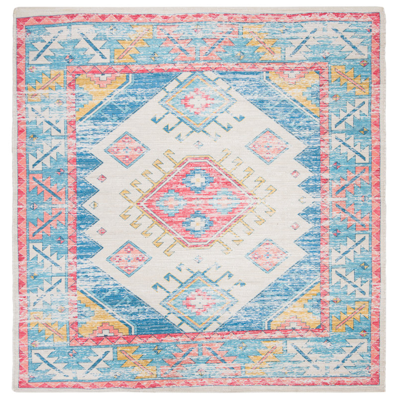Saffron Elegance Blue and Cream Cotton Blend 6' Square Area Rug