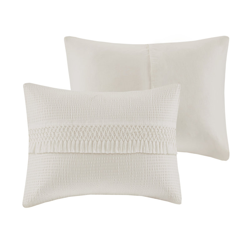 Amaya Ivory Full/Queen Cotton Seersucker Duvet Set with Tassel Trims