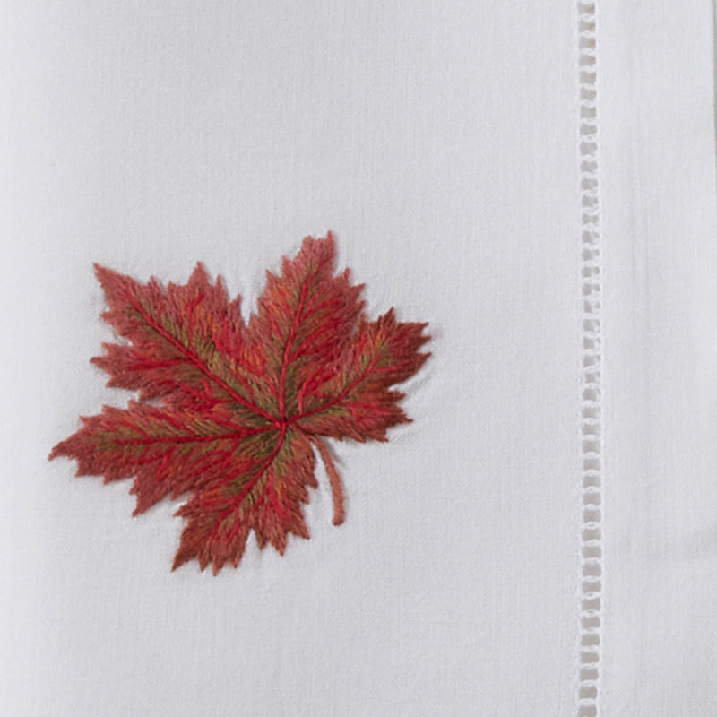 White Cotton Embroidered Autumn Leaf Napkins, Set of 6
