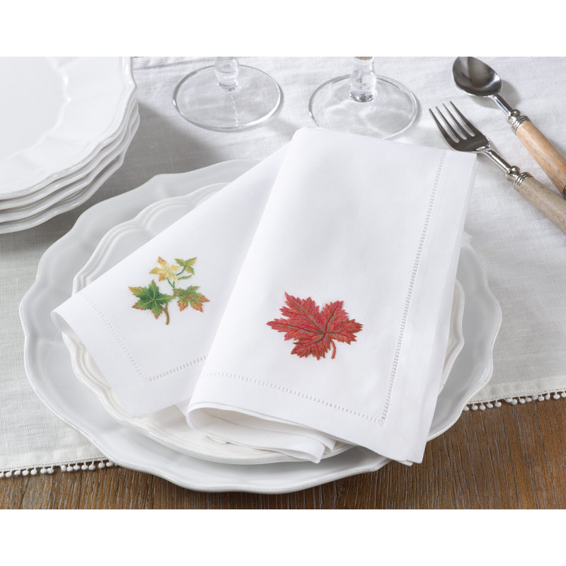 White Cotton Embroidered Autumn Leaf Napkins, Set of 6