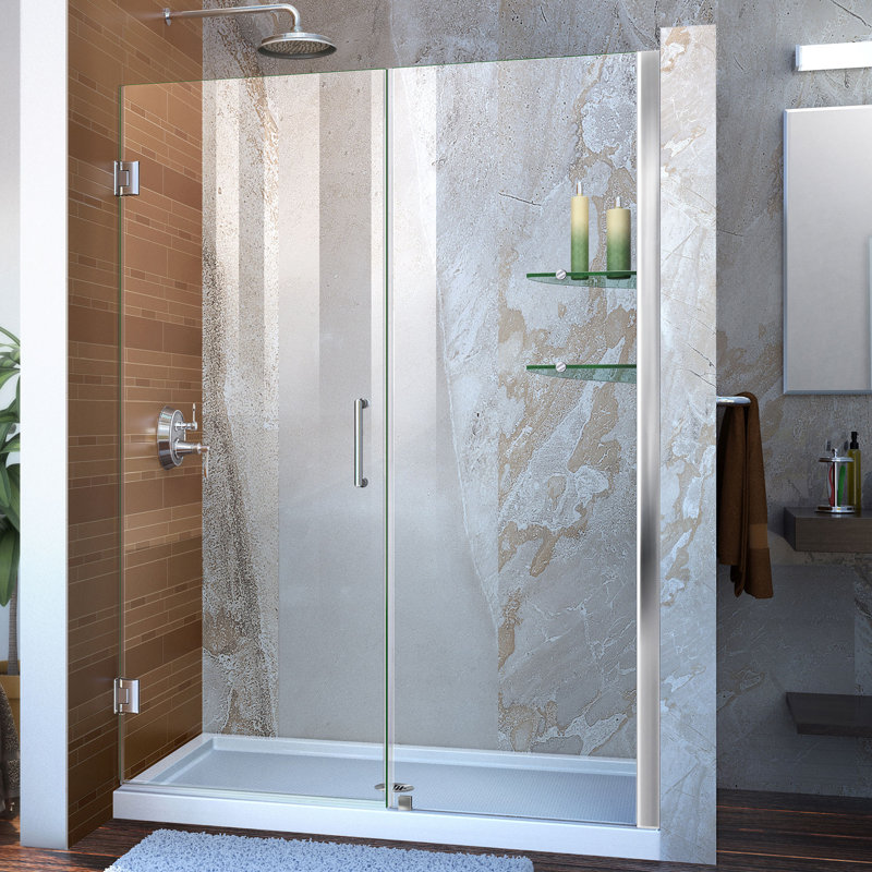 Unidoor Frameless Hinged Shower Door with Clear Glass and Shelves