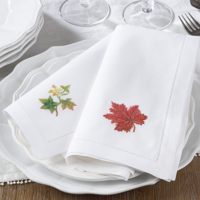 White Cotton Embroidered Autumn Leaf Napkins, Set of 6