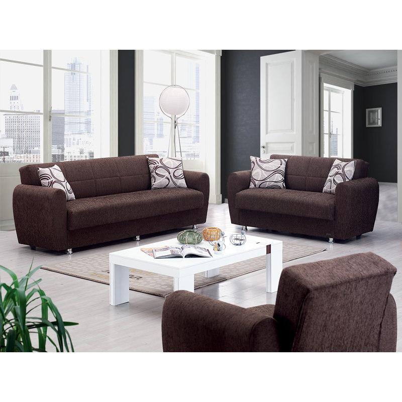 Brown Chenille Round Arm Convertible Sofa with Storage