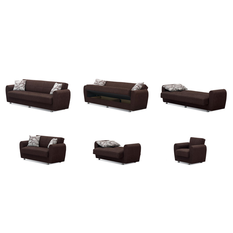 Brown Chenille Round Arm Convertible Sofa with Storage