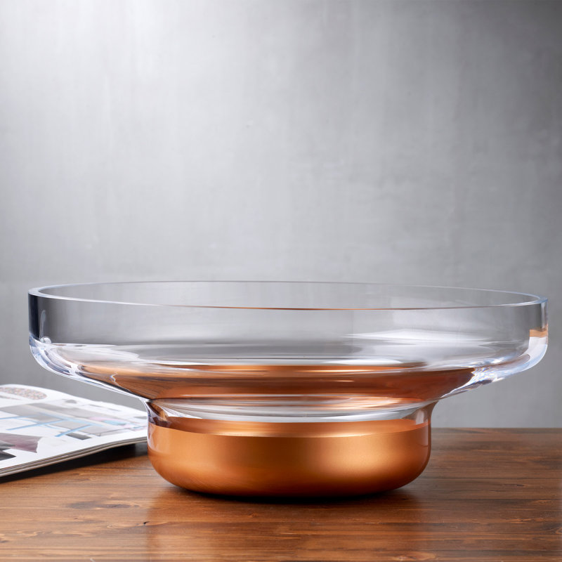Wide Clear Glass Serving Bowl with Copper Base