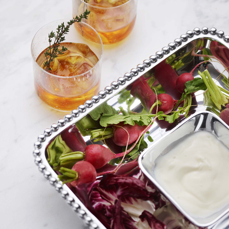 Silver Pearled Square Aluminum Chip and Dip Platter