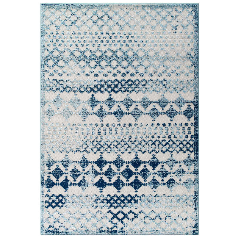 Ivory and Blue Trellis Synthetic 8' x 10' Easy-Care Area Rug
