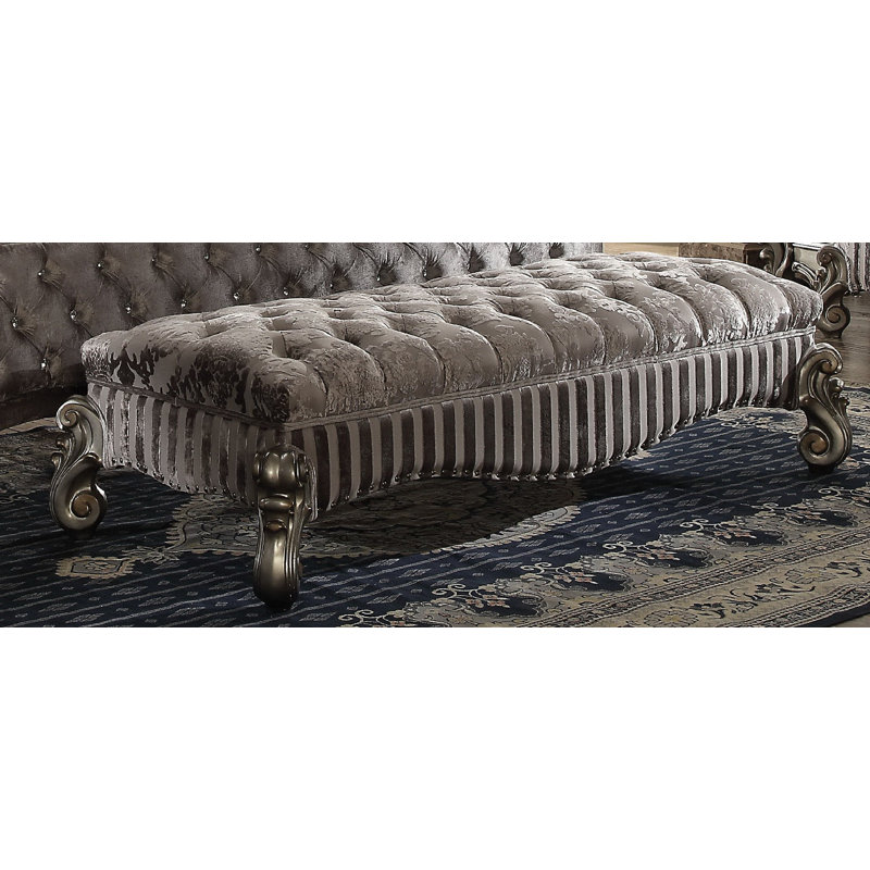 Gray Upholstered Bench with Button Tufted Seat and Scrolled Legs