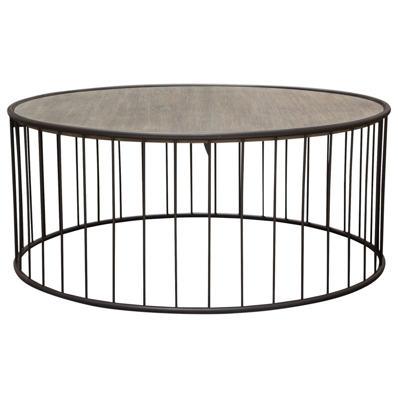 38" Grey Oak and Iron Round Rustic Coffee Table