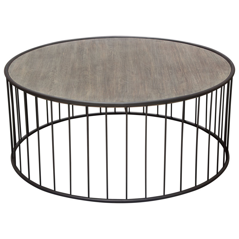 38" Grey Oak and Iron Round Rustic Coffee Table