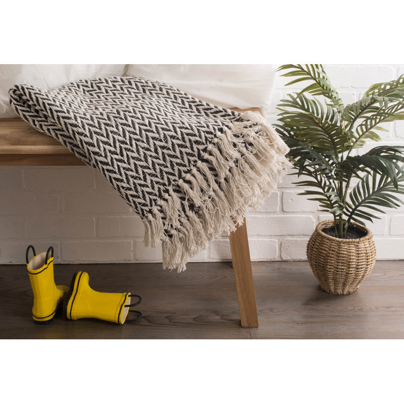 Black and White Cotton Zig-Zag Throw Blanket with Fringe