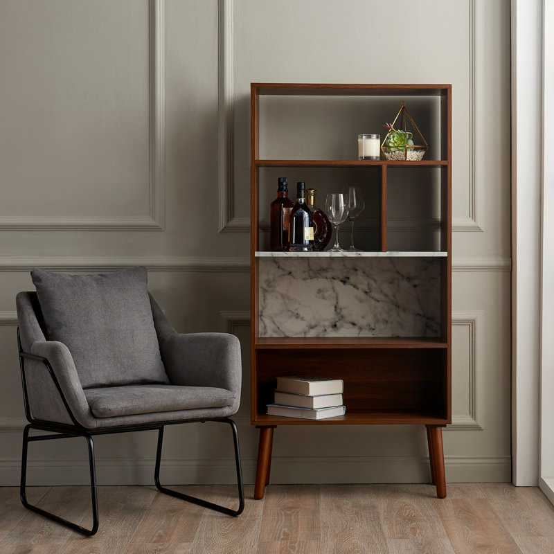 Kingston Mid-Century Modern White Walnut Bookcase with Faux Marble Top