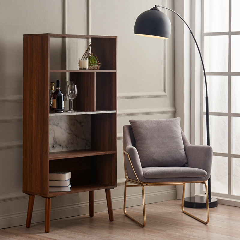 Kingston Mid-Century Modern White Walnut Bookcase with Faux Marble Top