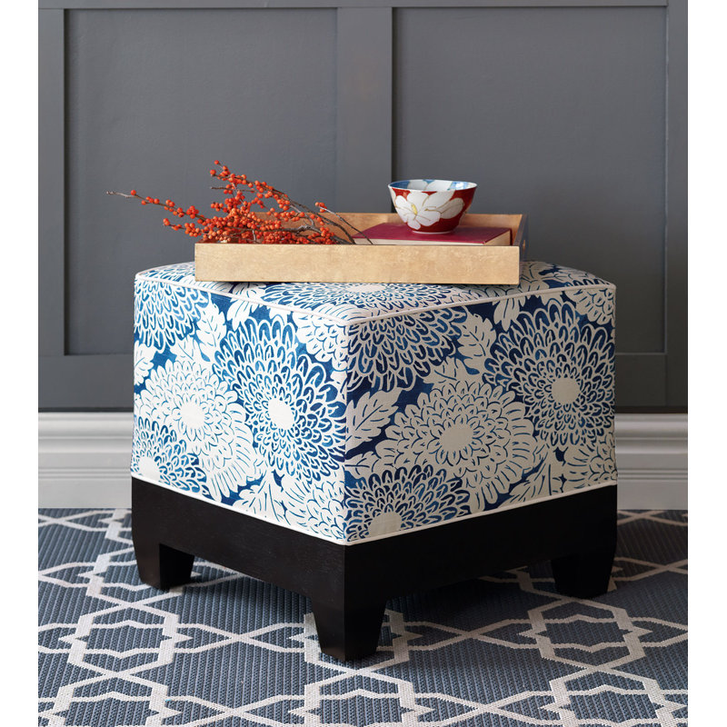 Indigo and Tangerine Cotton Square Ottoman with Espresso Wood Base