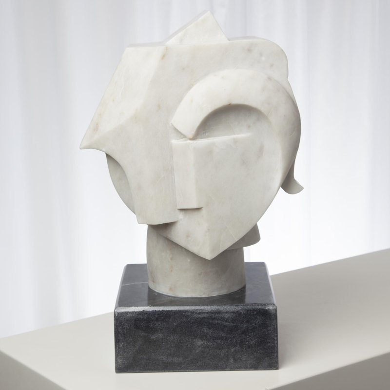 Handcrafted White Marble Abstract Bust with Black Base