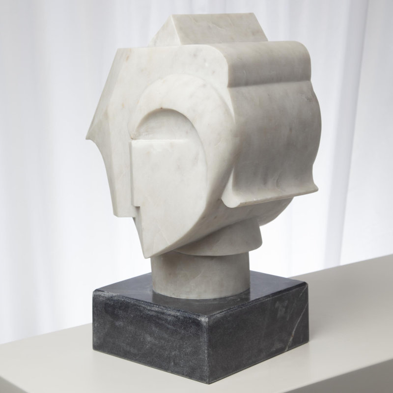 Handcrafted White Marble Abstract Bust with Black Base