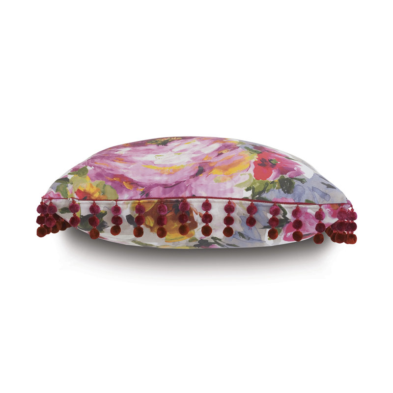 Square Floral Polyester Throw Pillow with Pom-Poms