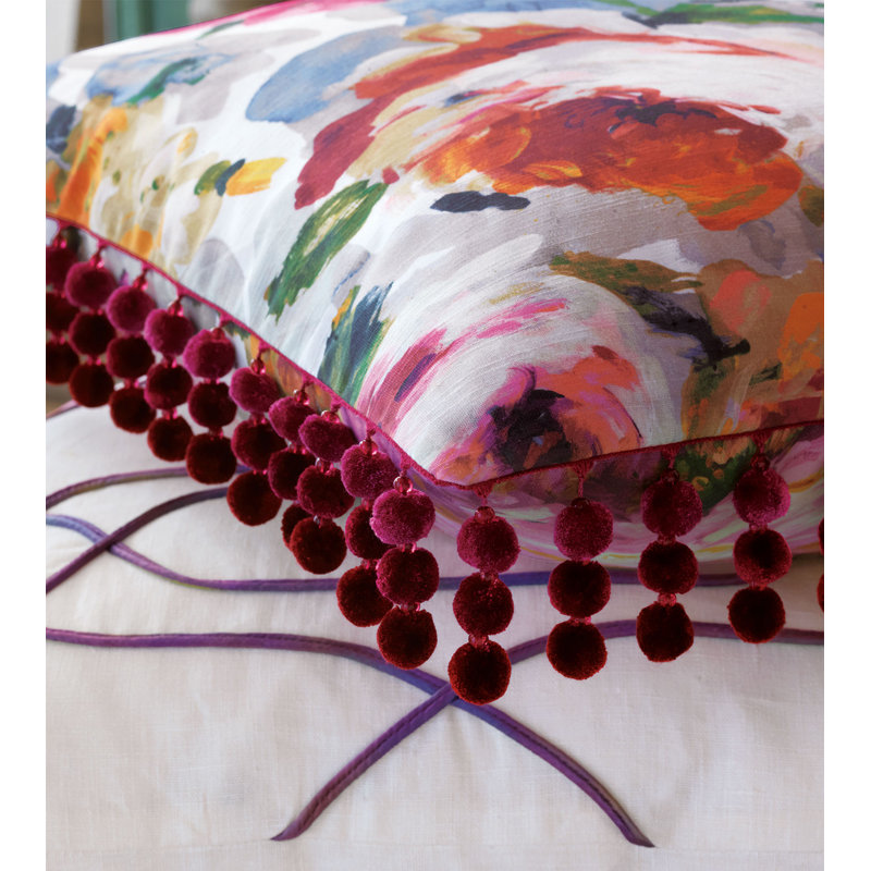 Square Floral Polyester Throw Pillow with Pom-Poms