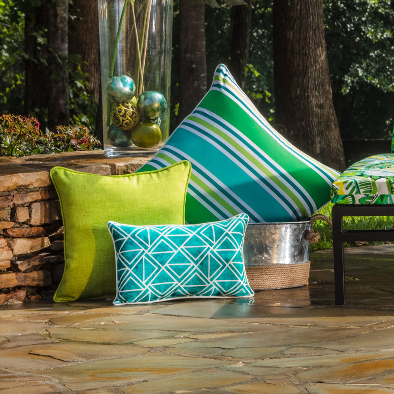 Turquoise and Green Striped Outdoor Throw Pillow Set
