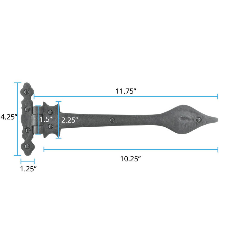 Black Wrought Iron Spear Tip Strap Hinges with Hardware, Set of 3