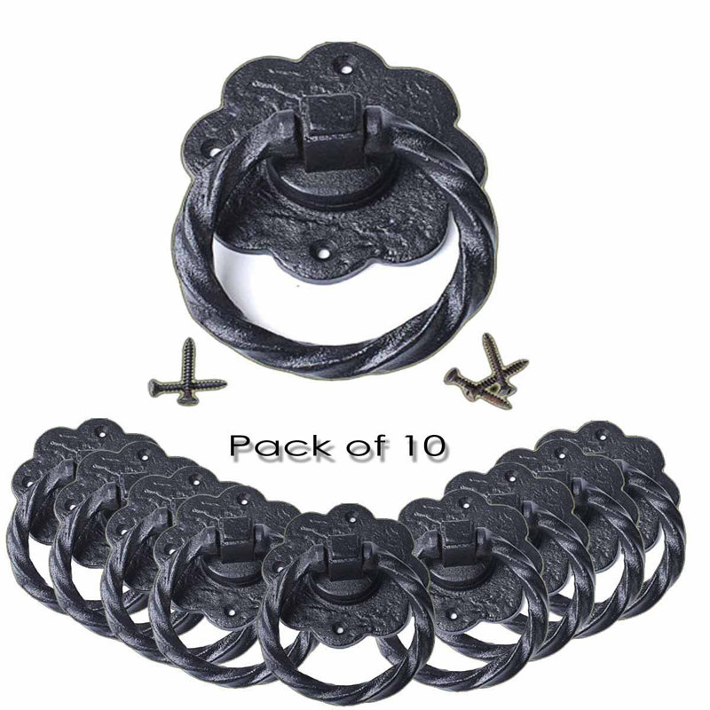 Black Wrought Iron Floral Ring Pull Handles with Mounting Hardware