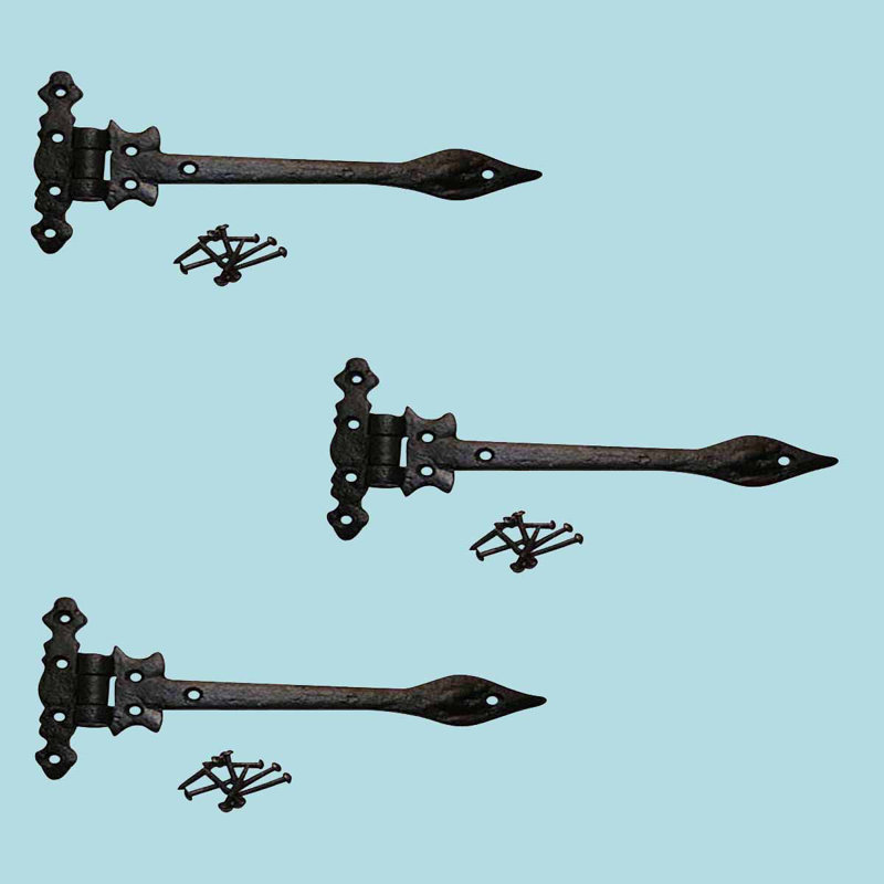 Black Wrought Iron Spear Tip Strap Hinges with Hardware, Set of 3