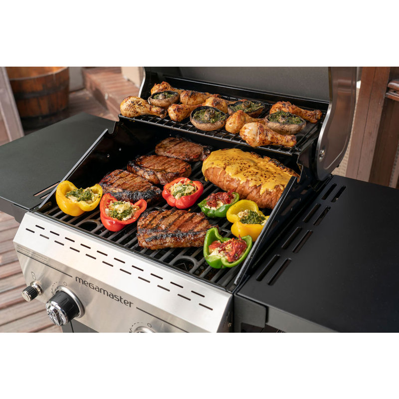 Megamaster 2-Burner Stainless Steel Propane Gas Grill with Foldable Side Tables