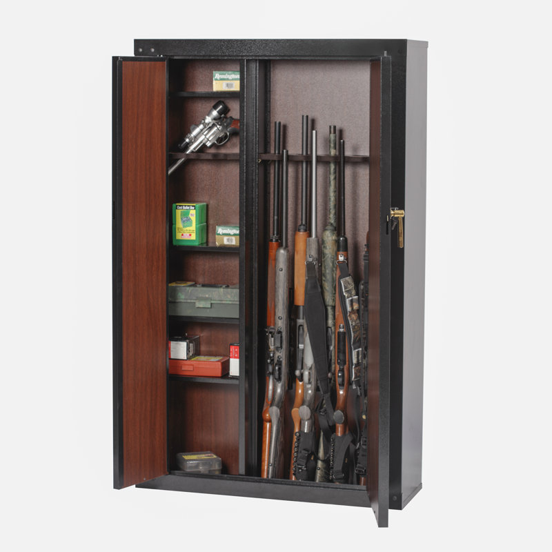 Classic 16-Gun Black and Woodgrain Metal Safe with Key Lock