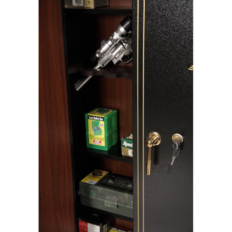 Classic 16-Gun Black and Woodgrain Metal Safe with Key Lock