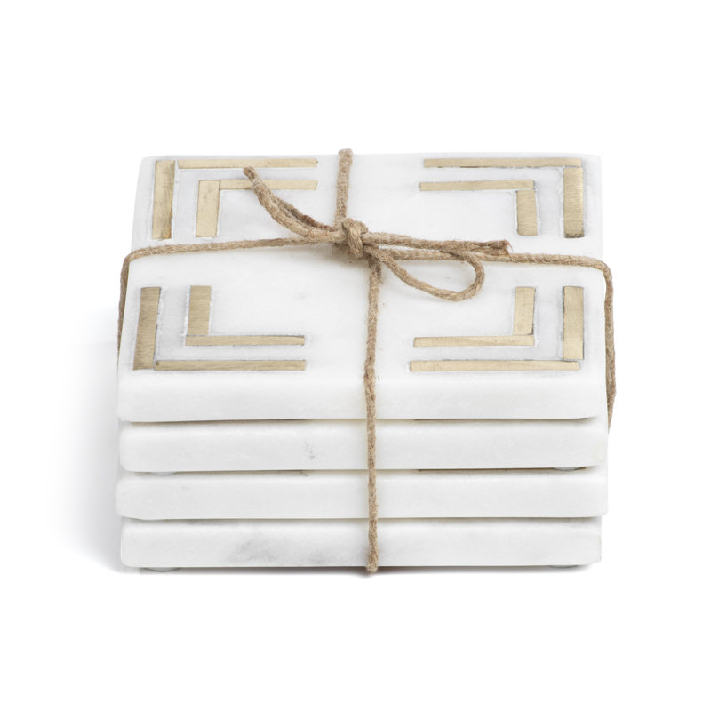 White Marble and Gold Accent Square Coaster Set