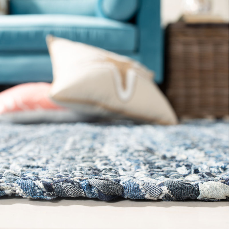 Handmade Blue Cotton Flat Woven Rectangular Rug