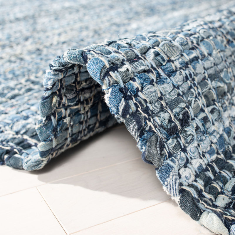 Handmade Blue Cotton Flat Woven Rectangular Rug