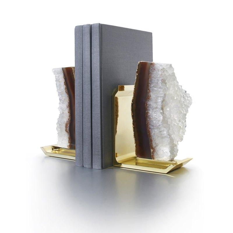 Natural Druze Agate and Brass Bookends