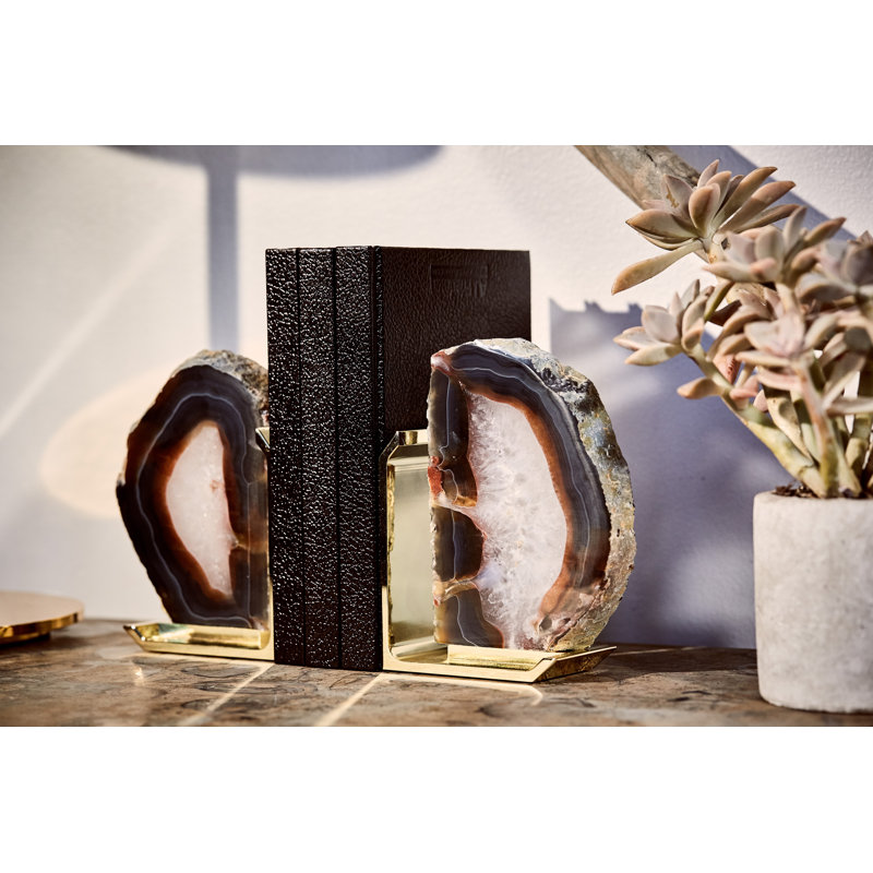 Natural Agate and Brass Geode Bookends