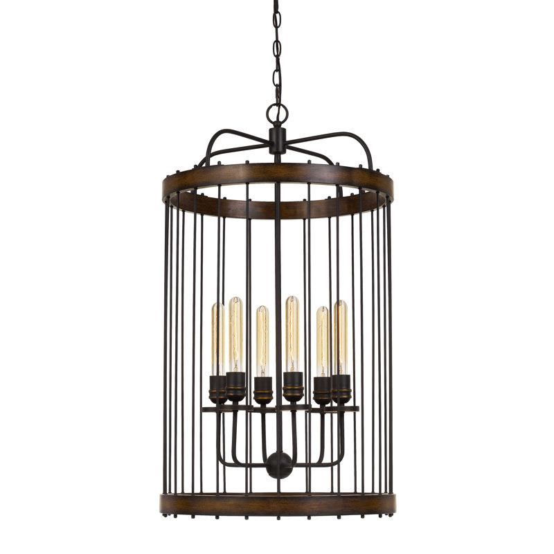 Elegant Black Metal and Solid Wood Round Cage Chandelier