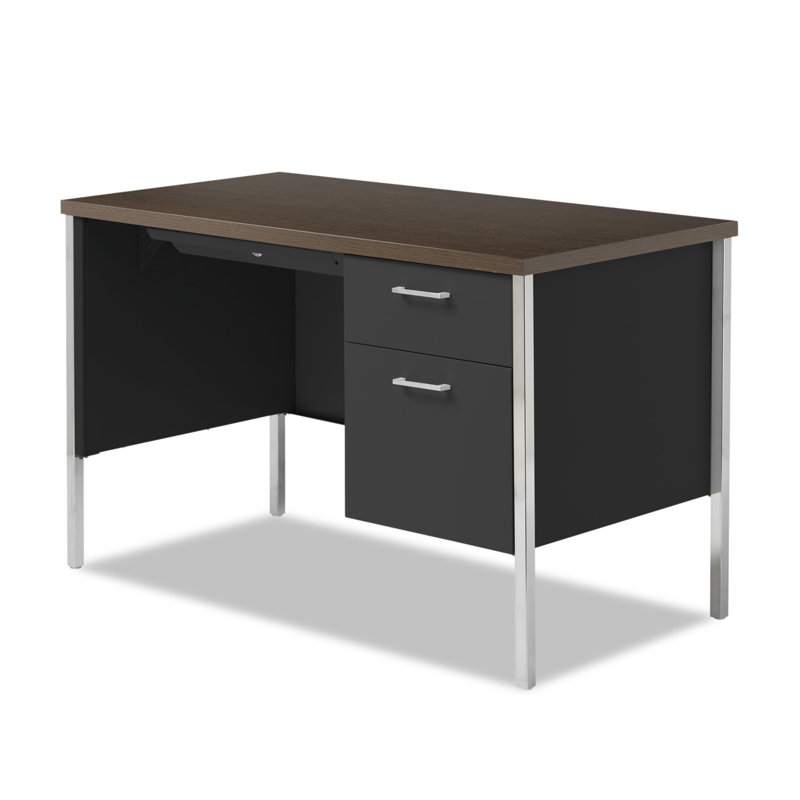 Walnut & Black Metal Desk with Locking Drawers and Filing Cabinet