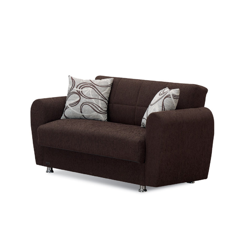 Brown Chenille Round Arm Convertible Sofa with Storage