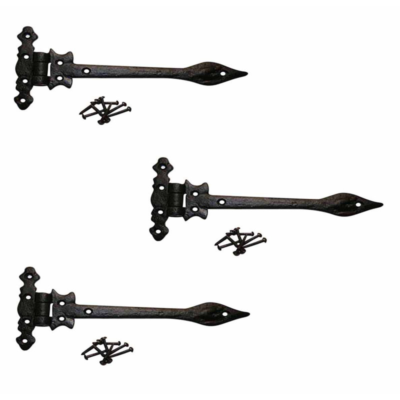 Black Wrought Iron Spear Tip Strap Hinges with Hardware, Set of 3
