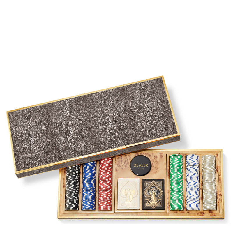 Luxurious Chocolate Faux Shagreen Poker Set with Brass Accents