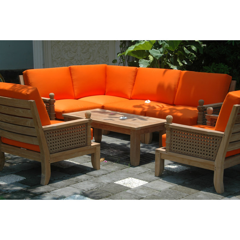 Luxe Teak 7-Piece Outdoor Modular Set with Orange Cushions