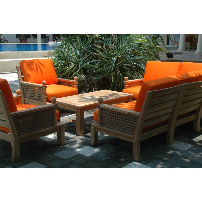 Luxe Teak 7-Piece Outdoor Modular Set with Orange Cushions