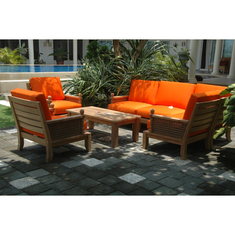 Luxe Teak 7-Piece Outdoor Modular Set with Orange Cushions