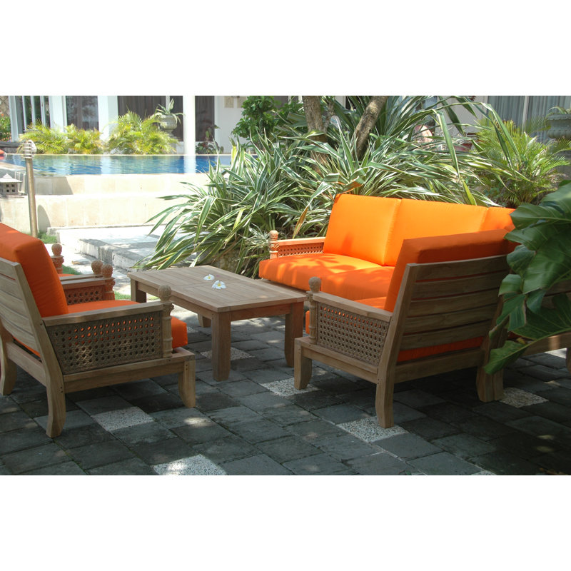 Luxe Teak 7-Piece Outdoor Modular Set with Orange Cushions