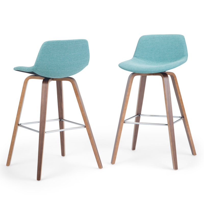 Aqua Blue Linen Bentwood Counter Height Stools with Chrome Footrest, Set of 2