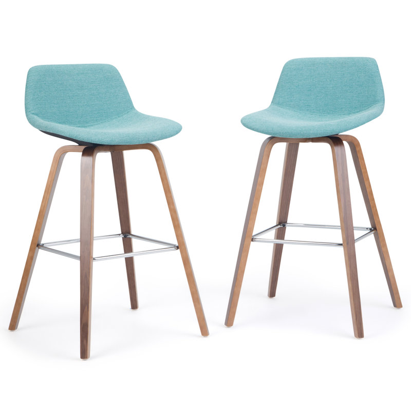 Aqua Blue Linen Bentwood Counter Height Stools with Chrome Footrest, Set of 2