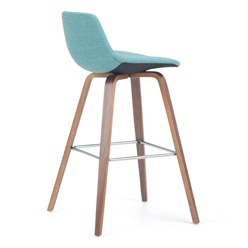Aqua Blue Linen Bentwood Counter Height Stools with Chrome Footrest, Set of 2