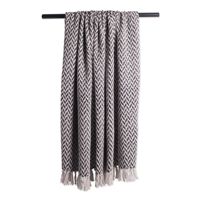 Black and White Cotton Zig-Zag Throw Blanket with Fringe