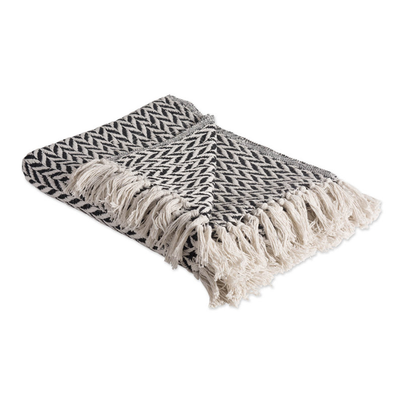 Black and White Cotton Zig-Zag Throw Blanket with Fringe