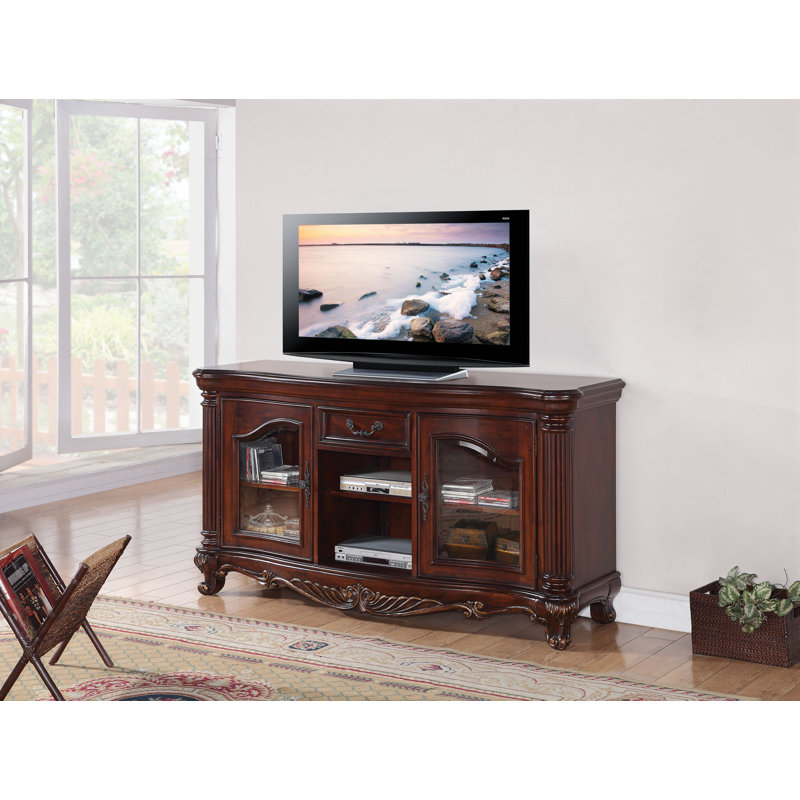 Elegant Remington Cherry Brown TV Stand with Glass Doors and Drawer