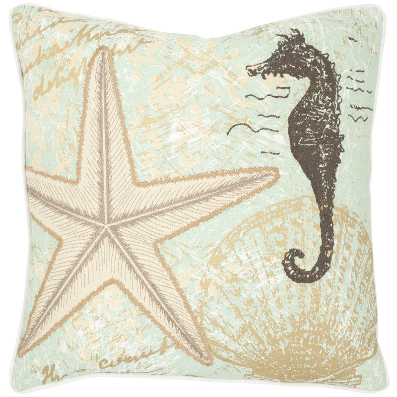 Seafoam and Beige Embroidered Linen Coastal Throw Pillow Set